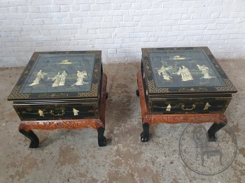 Старинные приставные столики (пара) в восточном стиле с росписью и отделкой из натурального камня код. BE4096730