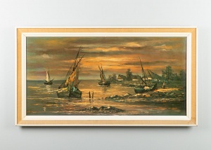 картинка Старинная акварель с изображением реки и лодок салоне старинных вещей "Шебби" являющийся официальным дистрибьютором в России и Беларуси