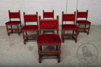 Антикварный комплект стульев (6 шт.) из дуба с мягкой обивкой в красных тонах код. BE70196