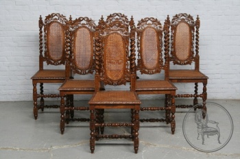 Антикварный комплект дубовых стульев (6 шт.) в охотничьем стиле с ротангом код. BE4143794