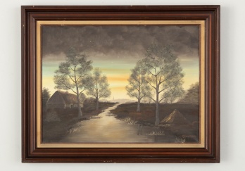 Старинная картина пейзаж с рекой и домиками код. RM4164842