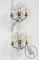 Антикварные настенные светильники (2 шт.) из бронзы с хрусталем на три рожка код. BE6384