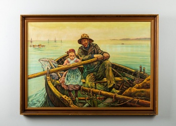Антикварная картина с изображением пожилого рыбака и девочки в лодке код. RM4165071