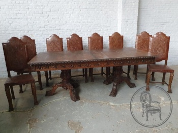 Антикварный столовый гарнитур с резьбой, отделанный тисненной кожей код. BE4097750