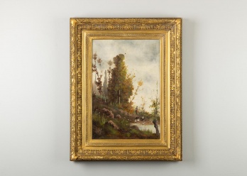 Антикварная картина с речкой и гусями код. RM4165053