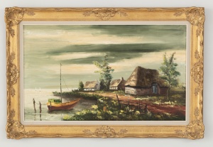 картинка Старинный пейзаж с лодкой и домиками салоне старинных вещей "Шебби" являющийся официальным дистрибьютором в России и Беларуси