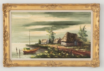 Старинный пейзаж с лодкой и домиками код.&nbsp;RM4164866