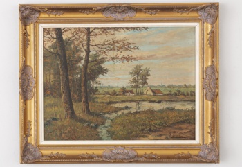 Старинная бельгийская картина пейзаж с рекой код.&nbsp;RM4164932