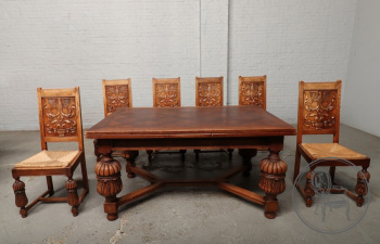 Антикварный столовый комплект из дуба, стол и 6 стульев в стиле Тюдор код. BE107253