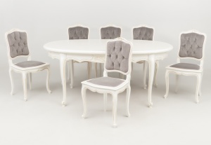 картинка Старинный гарнитур мебели для столовой: стол и стулья (6 шт.) белого цвета в стиле Рококо салоне старинных вещей "Шебби" являющийся официальным дистрибьютором в России и Беларуси
