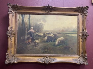 картинка Старинная картина с изображением пастушки и стада овец салоне старинных вещей "Шебби" являющийся официальным дистрибьютором в России и Беларуси