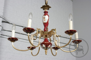 картинка Антикварная люстра из бронзы с фарфором на 6 рожков салоне старинных вещей "Шебби" являющийся официальным дистрибьютором в России и Беларуси