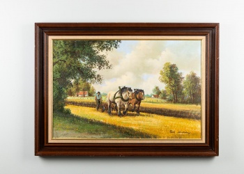 Старинная картина с изображением крестьянина и двух рабочих лошадей код.&nbsp;RM4165089