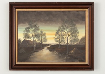 Старинная картина пейзаж с рекой и домиками код.&nbsp;RM4164842