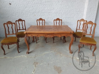 Антикварный комплект для столовой, стол и 6 стульев в Льежском стиле код. BE4164434