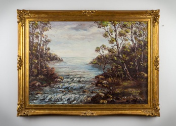 Старинная немецкая картина с рекой код. RM4165124