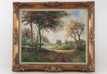 Старинный пейзаж с деревьями и прудом код. RM4164938