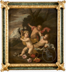Антикварная картина «Пейзаж с двумя путти, сатиром и композицией из цветов» код. CB3962